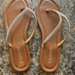 Women's Brown Rhinestone Thong Sandals